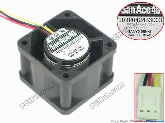 144548 Sanyo Denki 109P0424B3D03 Server - Square Fan sq40x40x28mm, 3-wire, 24V 0.13A Sanyo Denki 109P0424B3D03 Server - Square Fan 