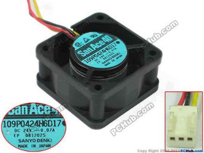 144557 Sanyo Denki 109P0424H6D17 Server - Square Fan sq40x40x20mm, 3-wire, 12V 0.07A Sanyo Denki 109P0424H6D17 Server - Square Fan 