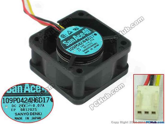 144557 Sanyo Denki 109P0424H6D17 Server - Square Fan sq40x40x20mm, 3-wire, 12V 0.07A Sanyo Denki 109P0424H6D17 Server - Square Fan 