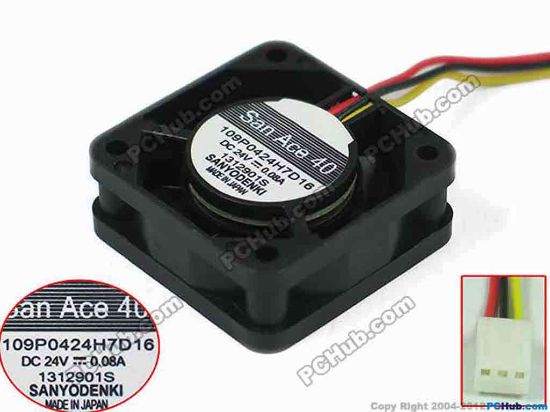 144560 Sanyo Denki 109P0424H7D16 Server - Square Fan sq40x40x15mm, w80x3x3, 24V 0.08A Sanyo Denki 109P0424H7D16 Server - Square Fan