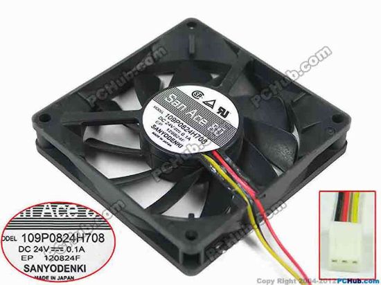 144582 Sanyo Denki 109P0824H708 Server - Square Fan sq80x80x15mm, 3-wire, 24V 0.10A Sanyo Denki 109P0824H708 Server - Square Fan 
