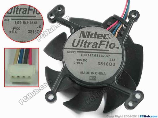 146851 Nidec E60T13MS1B7-57 Server - Frameless / GPU Fan dia60x60x25mm, 4-wire, DC 13V 0.19A Nidec E60T13MS1B7-57 Server - Frameless / GPU Fan