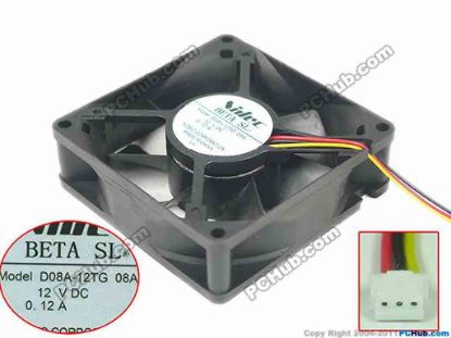 147281 Nidec D08A-12TG Server - Square Fan 08A, sq80x80x25mm, 3-wire, 12V 0.12A Nidec D08A-12TG Server - Square Fan 
