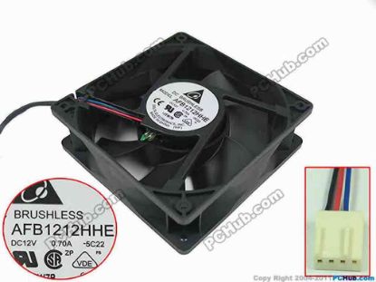 149772 Delta Electronics AFB1212HHE Server - Square Fan -5C22, sq120x120x38mm, DC 12V 0.70A, 3-wire Delta Electronics AFB1212HHE Server - Square Fan 