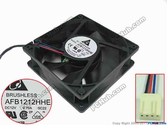 149772 Delta Electronics AFB1212HHE Server - Square Fan -5C22, sq120x120x38mm, DC 12V 0.70A, 3-wire Delta Electronics AFB1212HHE Server - Square Fan 
