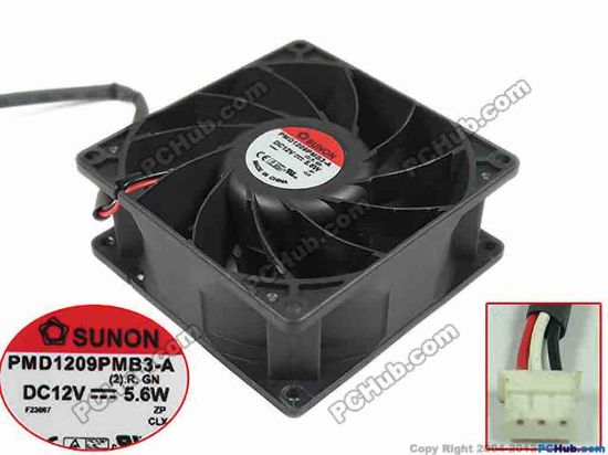 150265 SUNON PMD1209PMB3-A Server - Square Fan (2).R.GN, sq92x92x38mm, DC 12V 5.6W, 3-wire SUNON PMD1209PMB3-A Server - Square Fan 