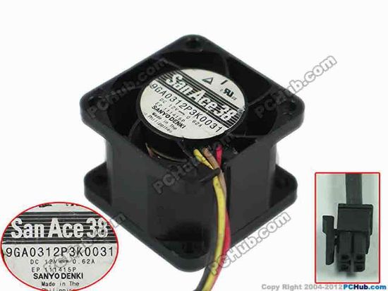 154882 Sanyo Denki 9GA0312P3K0031 Server - Square Fan sq38x38x28, w40x4x4, 12V 0.62A Sanyo Denki 9GA0312P3K0031 Server - Square Fan
