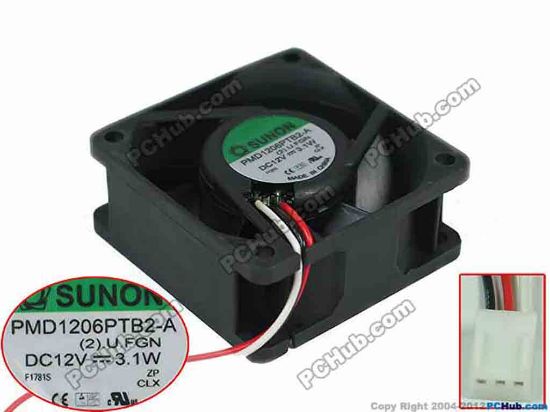 159203 SUNON PMD1206PTB2-A Server - Square Fan (2).U.F.GN, sq60x60x25mm, 3-wire. DC 12V 3.1W SUNON PMD1206PTB2-A Server - Square Fan 