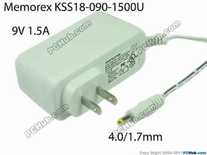 166421 Memorex KSS18-090-1500U AC Adapter 5V-12V 9V 1.5A, Barrel 4.0/1.7mm, US 2-Pin Plug, KSS18-09 Memorex KSS18-090-1500U AC Adapter 5V-12V 